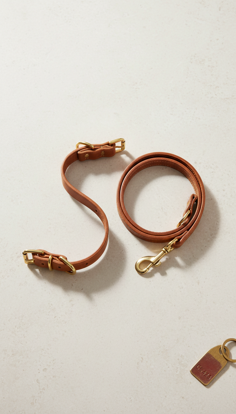 Set collar y correa cuero camel